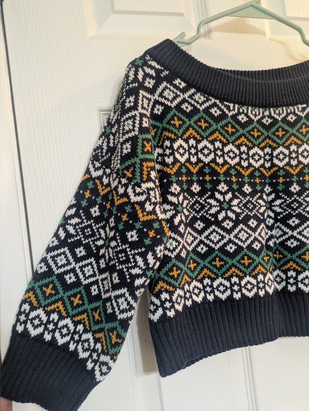 BDG Black Fair Isle Crewneck Sweater with White, Green & Gold Pattern